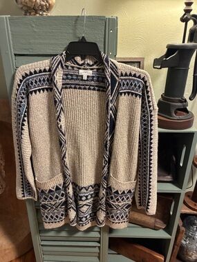 Lucky Brand Beige and Navy Knit Open-Front Cardigan